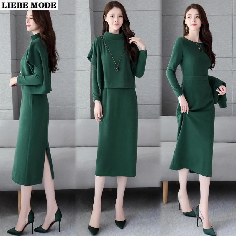 

Spring 2021 Knitted 2 Pieces Sets Tracksuit Women Crop Top and Long Sleeve Dresses Black Gray Green Casual Shirt Dress Outfits