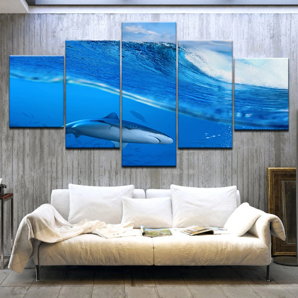 Абстрактные синие волны и Акула 5 панелей HD Современная Художественная живопись