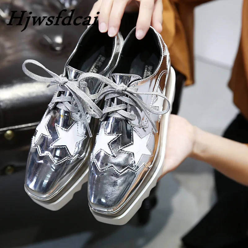 

Hjwsfdcai Women Patent Leather Flat Platform Casual Shoes Fashion Lace Up Flat Shoes Lace Thick Bottom Shoes Star Pattern