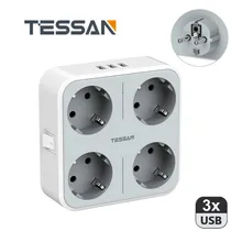 TESSAN Multiple Socket Power Strip European Plug with 4 AC Outlets 3 USB Ports Overload Protector Switch EU Wall Charger Adapter