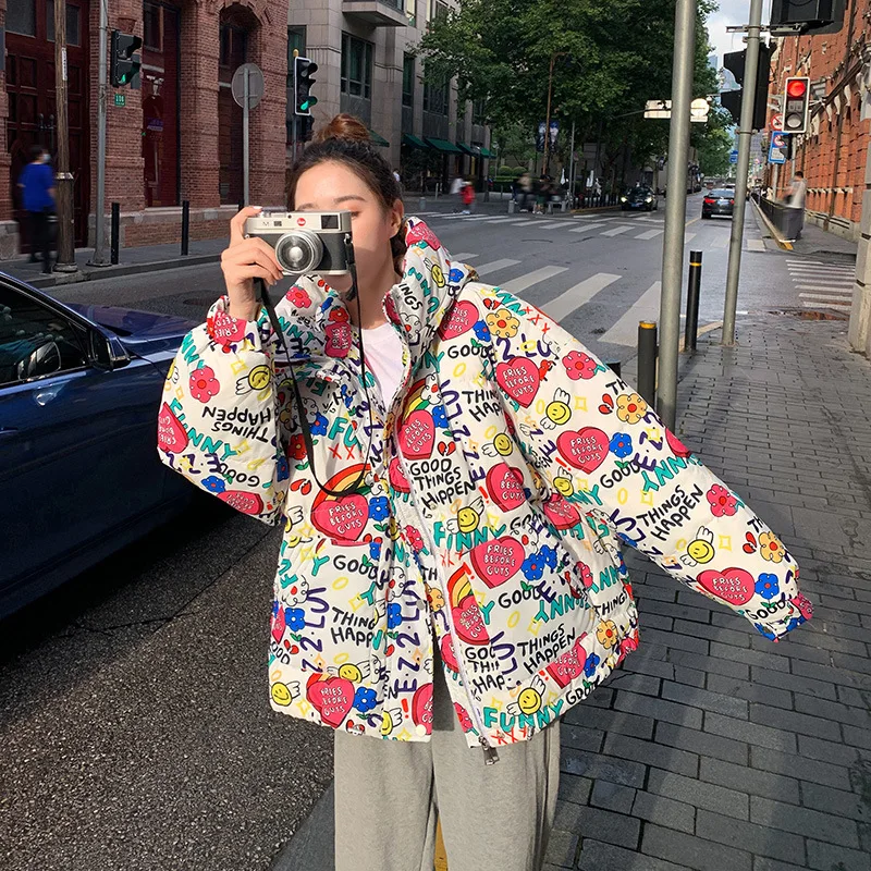 WYBLZ 2021 Winter Down Short Parka  Women Print Padded Coat Female Fashion Korean Zipper Outerwear Hooded Jackets New Oversized