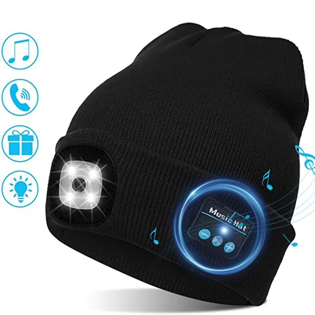 

Winter Hat Wireless 5.0 Smart Cap Headset With 4 LED Light Handfree Music Headphone Warm cable Knitted