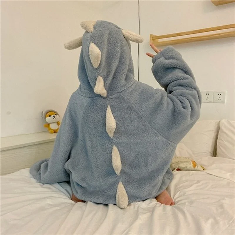 Autumn Winter Women Sweet Warm Lounge Pyjamas Female Cute Pajamas Cartoon Ears Hooded Sleepwear Coral Fleece Lady Home Clothes