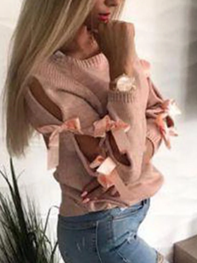 2020 Women Autumn Elegant Plus Size Casual Top Female Lace-up Sweaters Ladies Leisure 2XL Crew Neck Tie-Up Sleeve Sweater | Женская