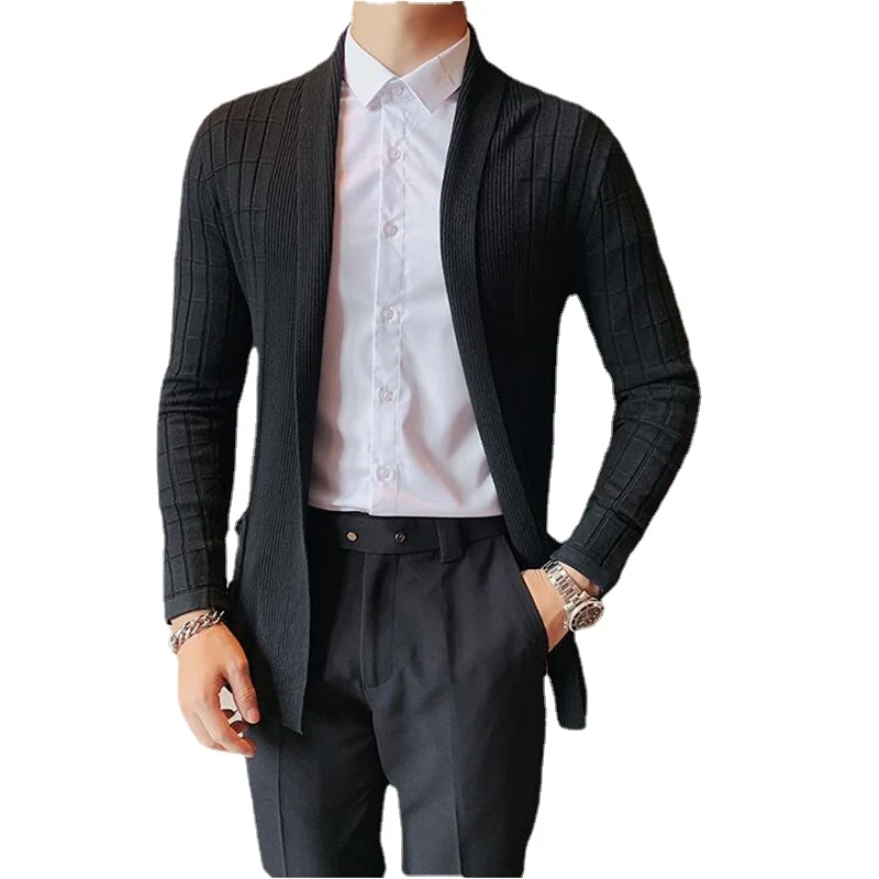 2021 Pure Color New Knitted Cardigan Coat Men Clothing Black/Gray Slim Fit Male Business Casual Plaid Sweaters