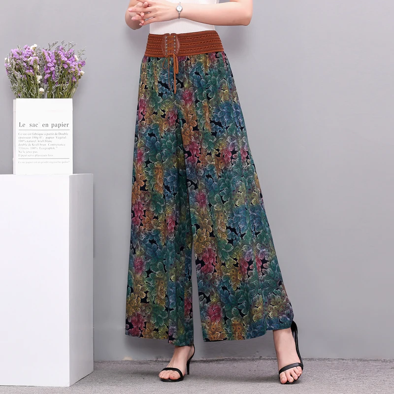 

Middle-aged and elderly cotton wide-leg pants women summer thin elasticated high waist wide-leg pants printed trousers