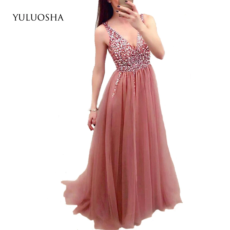 YULUOSHA Длинные вечерние платья без рукавов блестящие Аппликации v образный вырез