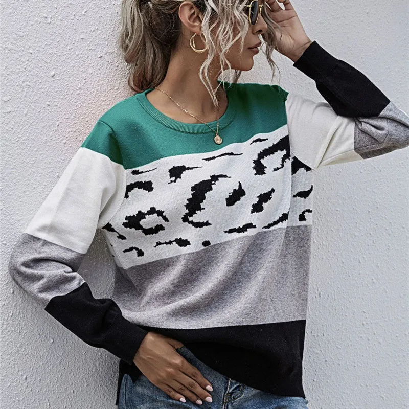 

2020 Winter Casual Women Sweater Fashion Leopard Patchwork Long Sleeves Loose Knitting Pullovers