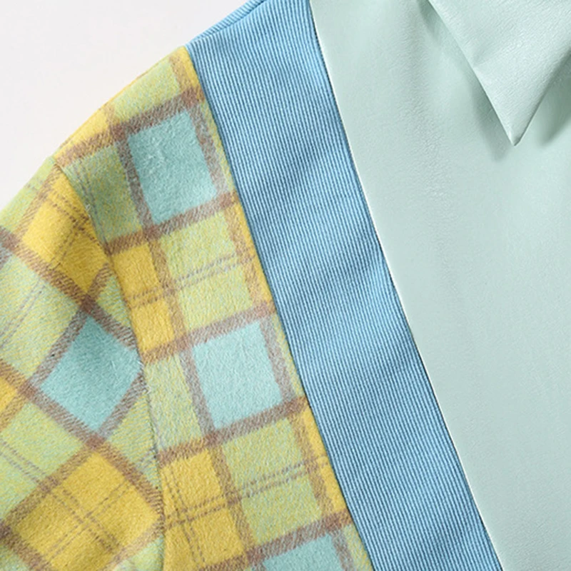 

Qeils Spring Autumn 2021 Vintege Women Big Size Pu Leather Spliced Blouse New Lapel Long Sleeve Loose Fit Shirt Fashion Tide