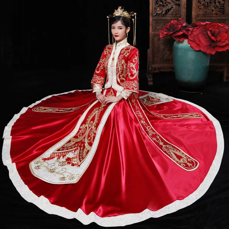 

FZSLCYIYI традиционное китайское свадебное платье Ципао с вышивкой и бисером, ретро-платье невесты, традиционная одежда для жениха
