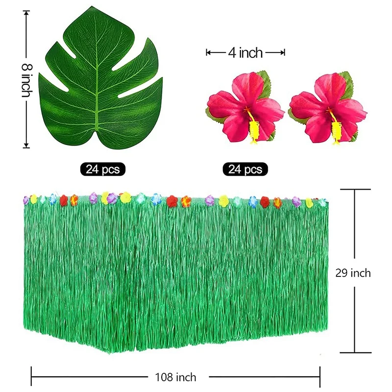 

Hawaii Tropical Party Decoration Set Straw Table Skirt, Hibiscus Flower, Palm Leaf, Paper Pineapple Decoration