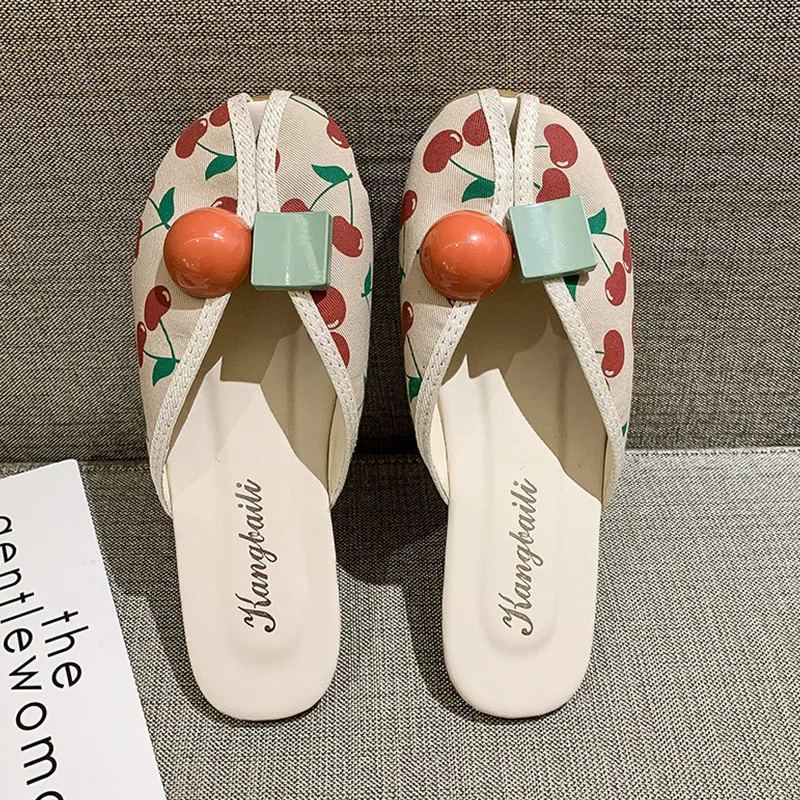 Women Mules Closed Toe Cloth Shoes Round Toe Backless Casual Flat Slippers Comfortable Slip on Print Color Summer Beach