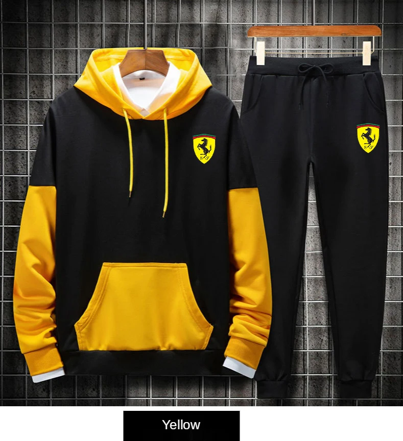 

Patchwork men's sportswear casual brand Ferrari fall/winter hooded men's casual sportswear men's 2-piece sweatshirt + sweatpants