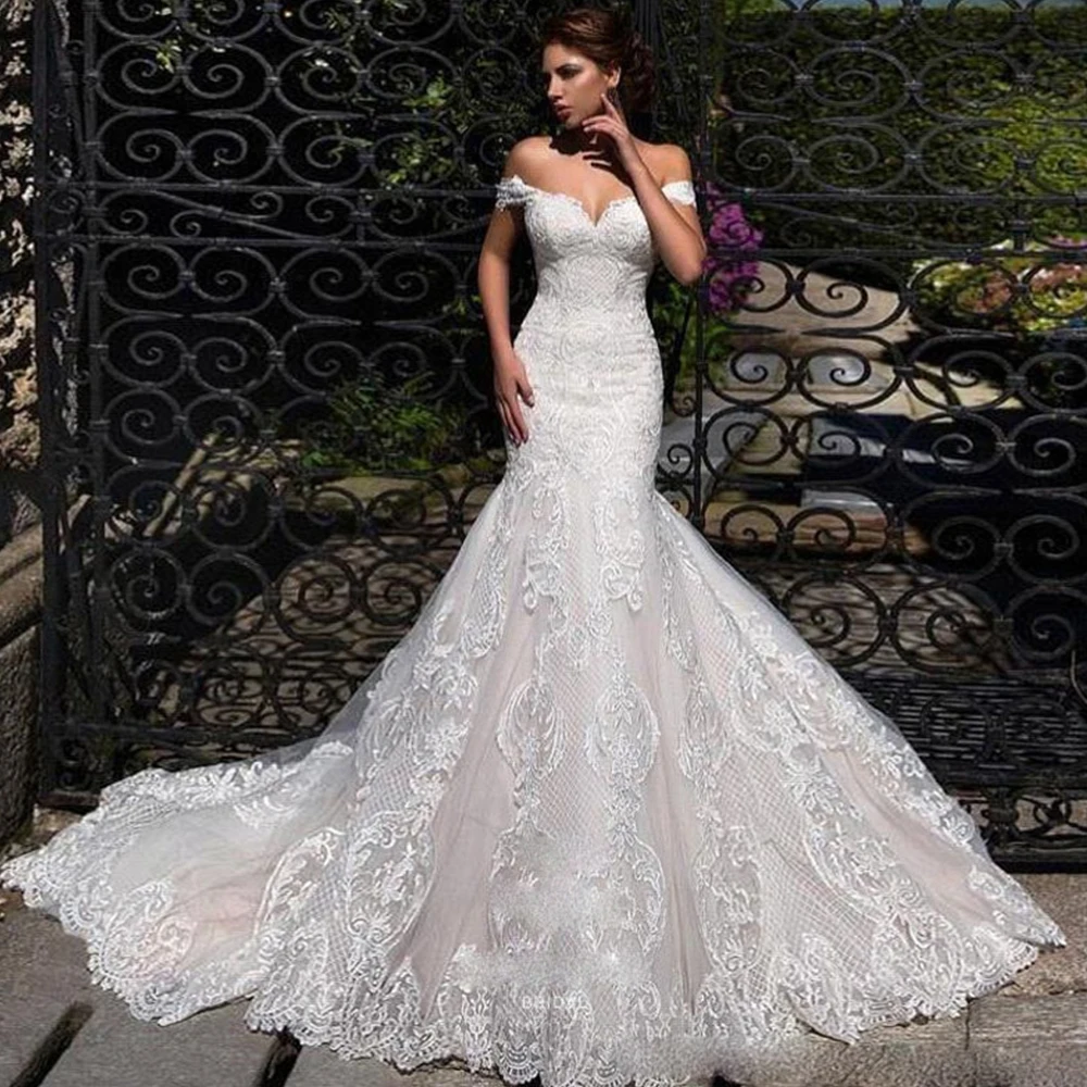 

Plus Size Off the Shoulder Mermaid Dress Lace Appliques Wedding Dresses With Sweep Train Bridal Gowns Robe Custom Made