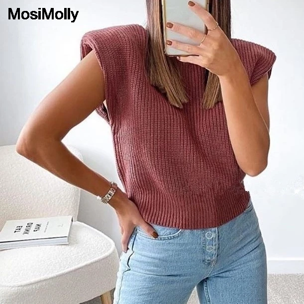 

MosiMolly 2020 Knit Sweater Trendy Padded Shoulder Cool Streetwear Knit Vest Sweater Pullover Jumpers