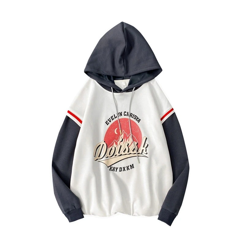 

Contrast Stitching Hoodie Men Letter Print Casual Loose Long Sleeve Hooded Pullover Harajuku Stree Man Clothing Sudadera Hombre