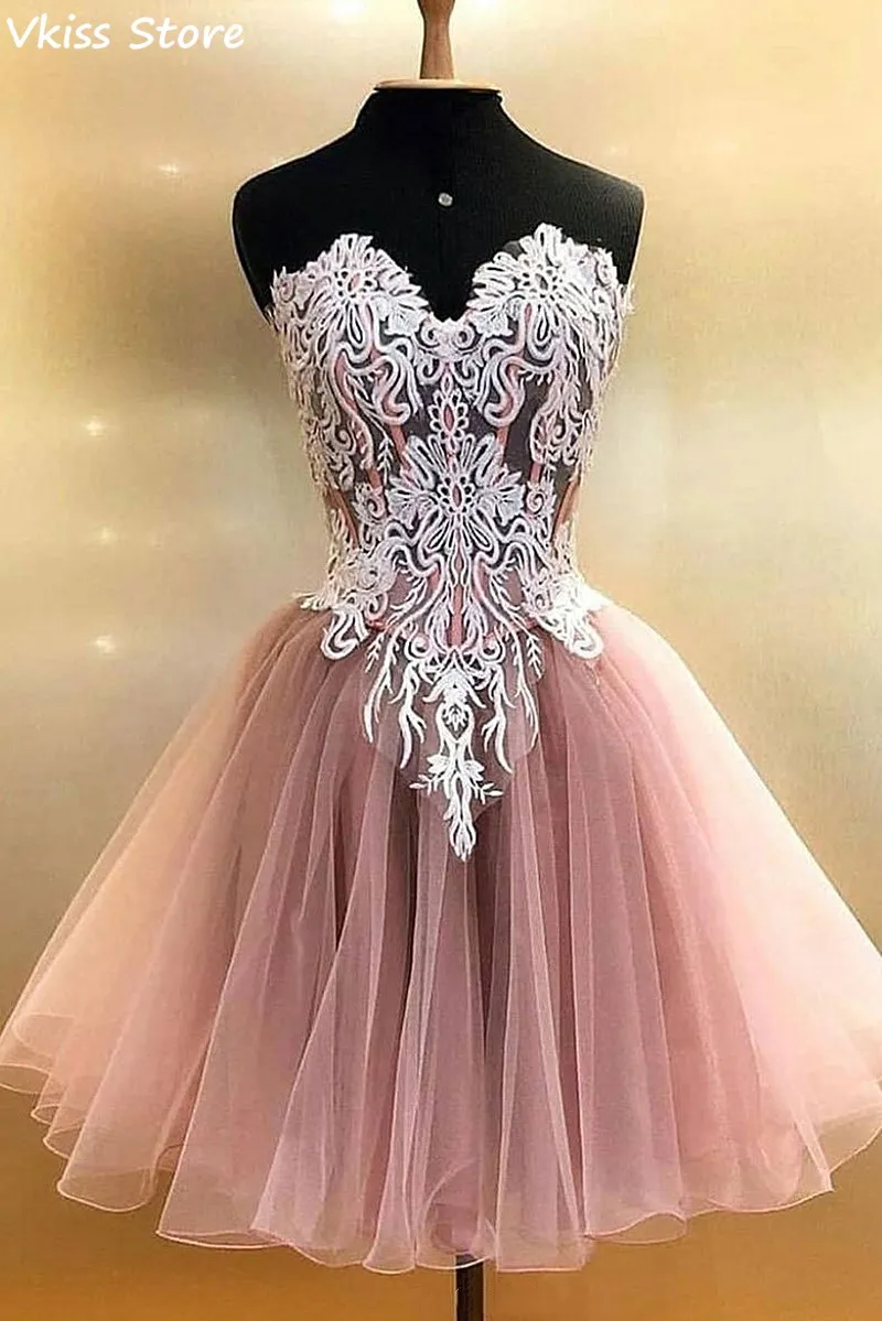 

Tulle Cocktail Dress Sweetheart Neck Short Skirt Strapless Applique Lace Elegant For Girl Party Formal Dress вечернее платье