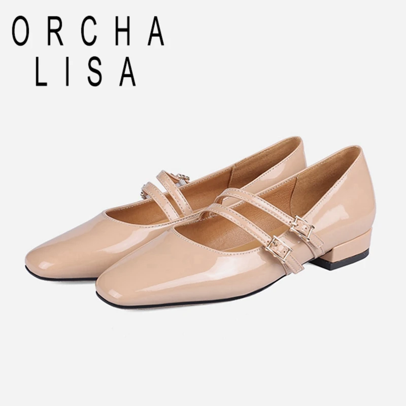 

ORCHALISA 2021 New Concise Ladies Flats Mary Janes Square Toe Instep Belt Buckle 1.5CM Chunky Heel Size 33-46 Apricot Red A4382