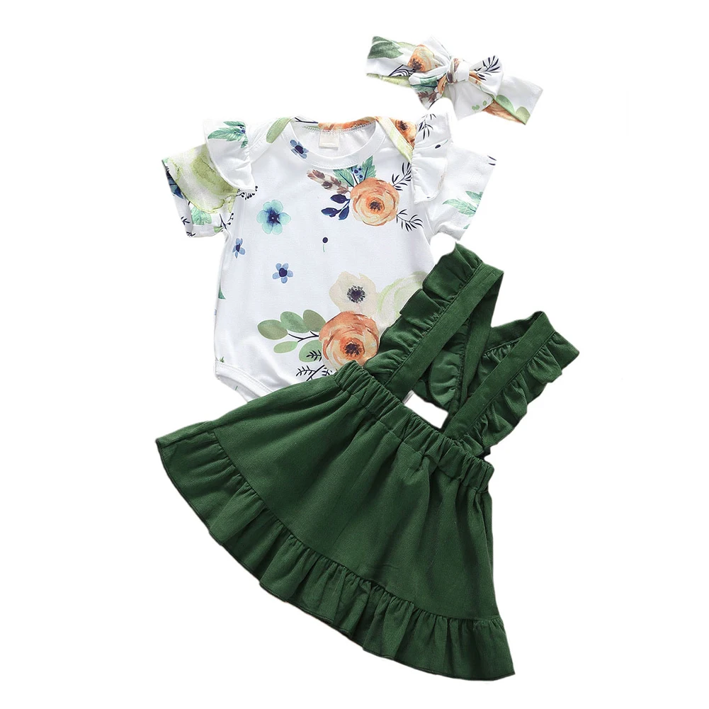 

2020 Newborn Infant Baby Girl Outfits Floral Short Sleeve Bodysuit Strap Dress+ Headband 3pcs Clothes 0-18M