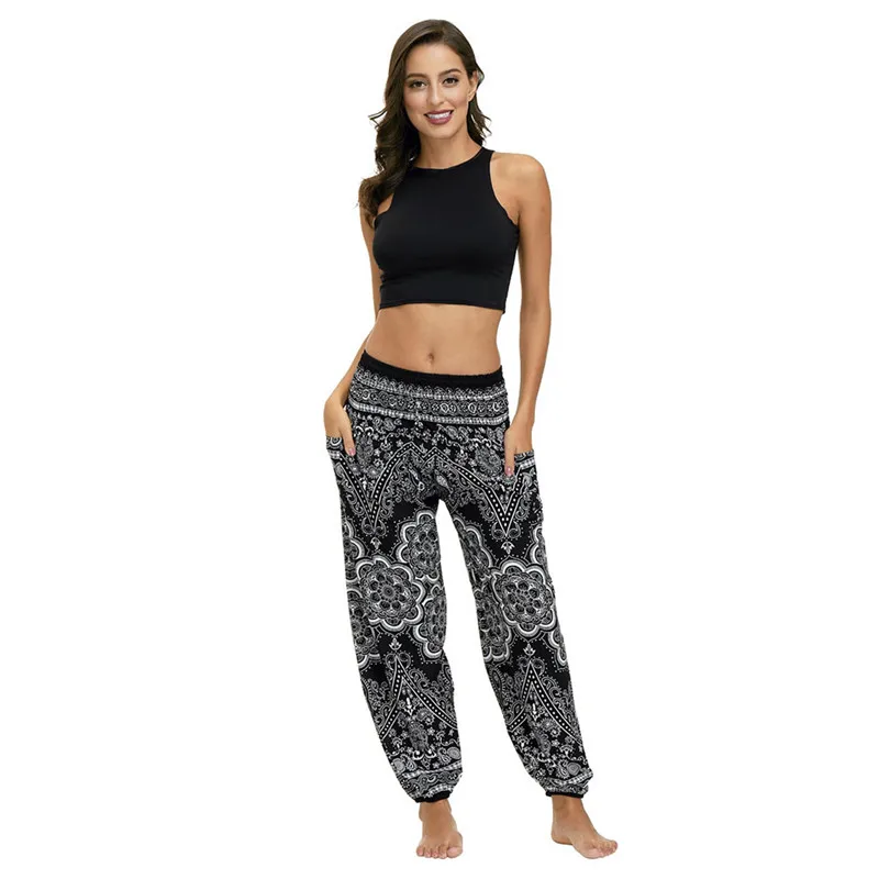 Женские богемные брюки свободное с цветочным принтом пляжные тайские шаровары