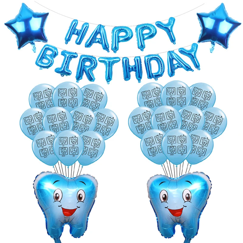 Латексные воздушные шары с изображением зубов из мультфильма голубые и розовые