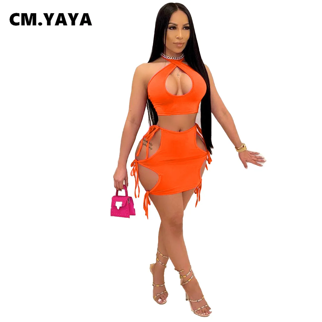 Женский пляжный костюм-двойка CM.YAYA короткий топ и мини-юбка на шнуровке 5 цветов -