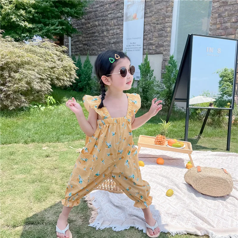 

New Children Pastoral Style Children Flying Sleeve Jumpsuit Baby Floral Trousers Lace Overalls Children Casual Loose Pants