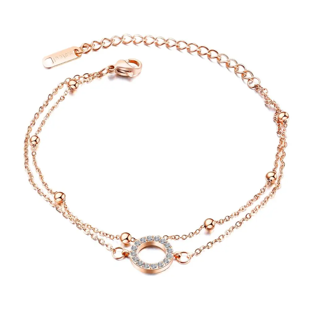 

Double Layer Link Chain Rose Gold Color Round CZ Bangle Bracelet For Women Stainless Steel Cuff Hand Jewelry Gift Dropshipping