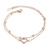 double layer link chain rose gold color round cz bangle bracelet for women stainless steel cuff hand jewelry gift dropshipping