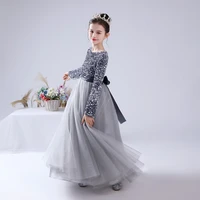 junior girls formal pageant party princess gown long christmas long sleeve silver grey sequins wedding evening party elegant