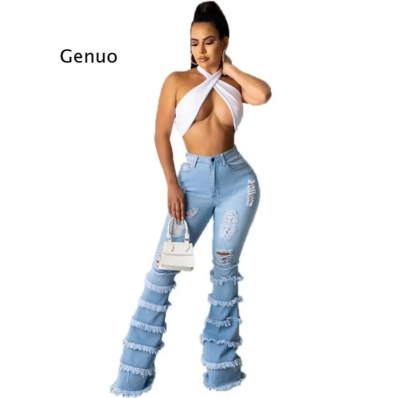 Light Blue Women for Ripped Jeans Ladies Wei La High Waist Splicing Elasticity Flare Washed Pants Vintage Jeans 2021