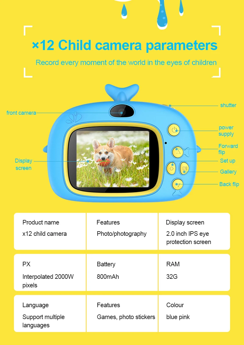 

X12 Cute HD 1080P Digital Video Photo Children's 2000W Camera Toy Rechargeable Camera IPS Screen eye-protection birthday Toys