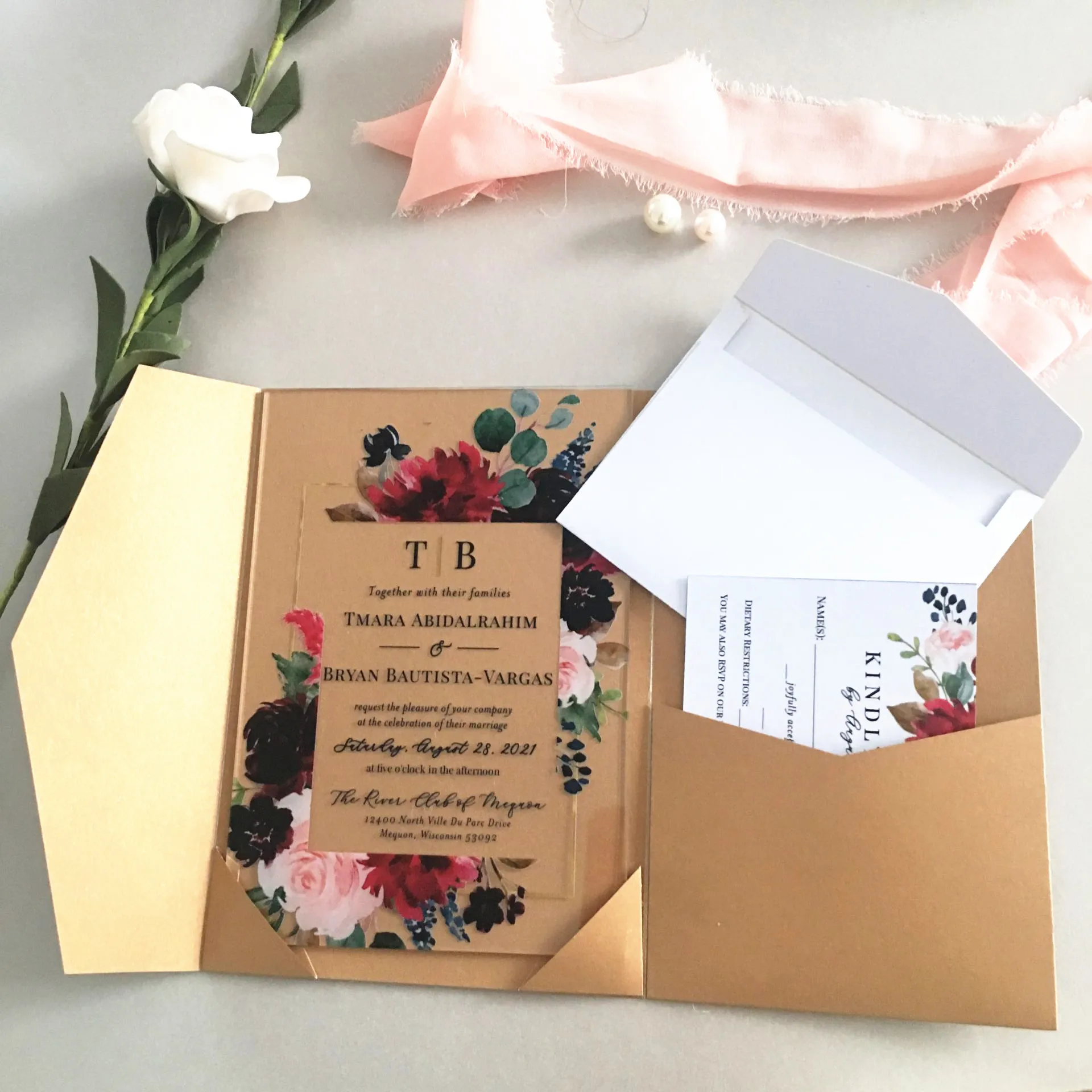 Конверт с золотым карманом цвета шампанского 10 шт. свадебные пригласительные