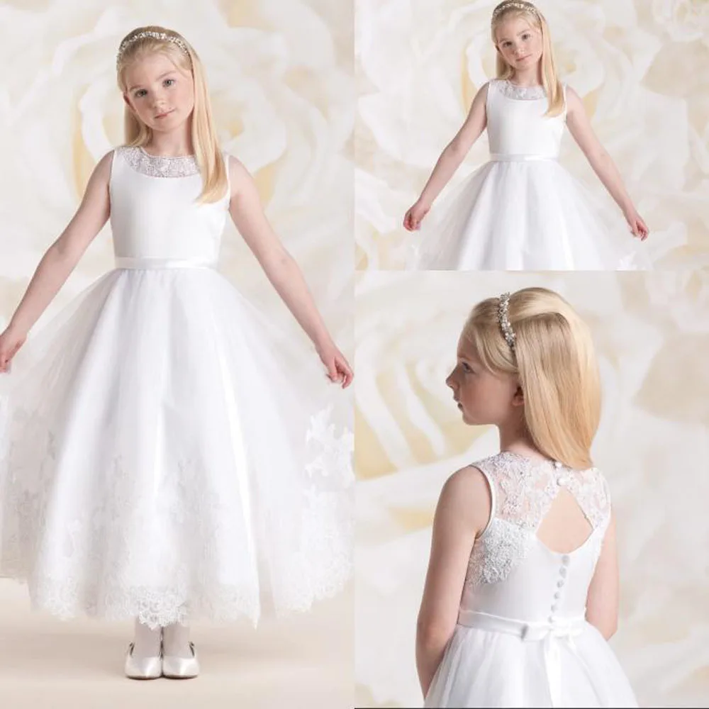 

Stunning A Line First Communition Dress Ankle Length White Organza Appliques Flower for Girls for Wedding Party Aged 2-14 Years
