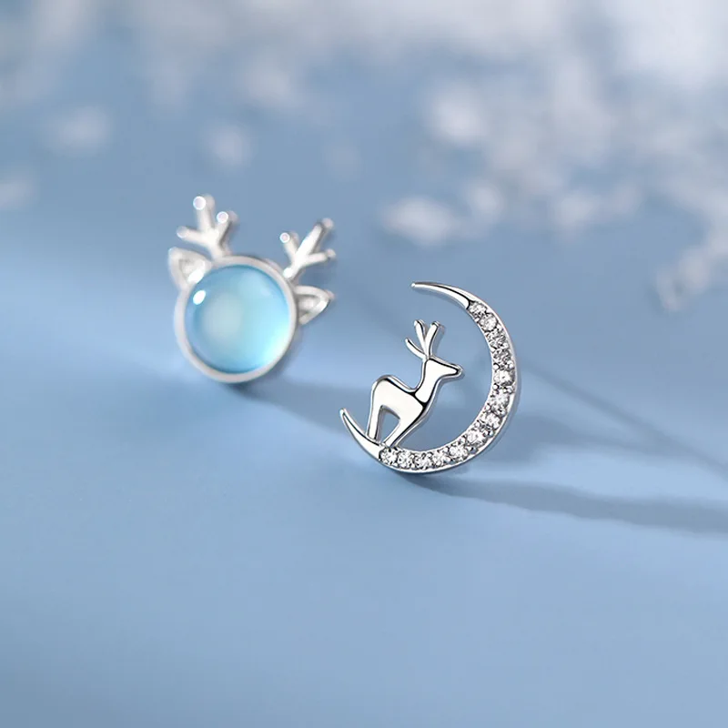

Серьги-гвоздики женские Асимметричные из серебра 925 пробы с оленем и Луной