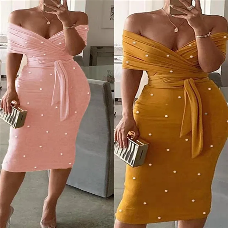 

New Arrival 2020 Summer Hot Sale Women's Clothing Bubble Bead Wrapped Chest Short Sleeve Belted Dress