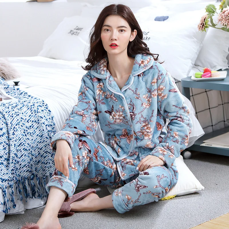 

2pcs Women's Pajamas Autumn Winter Thicken Pyjama Keep Warm Sleepwear Sets Women Cute Home Clothes Suit Flannel U-neck Pijama