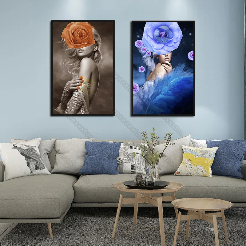 

Modern Fashion Canvas Painting and Posters Sexy Woman Wearing a Big Red or Blue Flower and Feather for Home Rooms Wall Decoratio