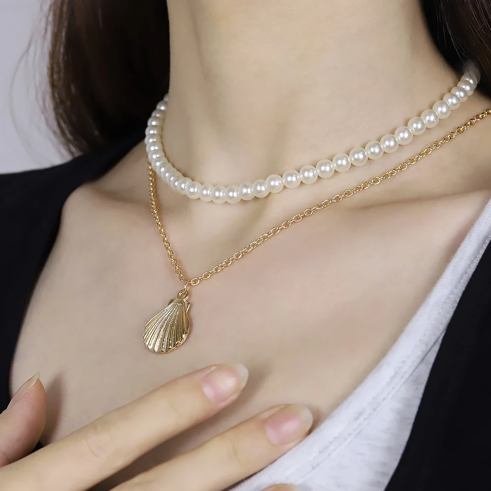 Pearl Shell Double Set Choker Necklace Fashion Personality Scallop Handmade Beaded Feminine Temperament Gift Wholesale | Украшения и