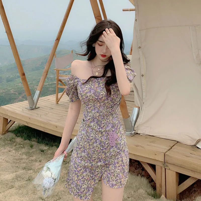 

Summer Floral Dress Slim Casual Chiffon Puff Sleeve Vintage Retro Korean Dress Women 2021 Women French Style Designer Mini Dress