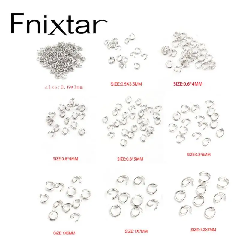 

Fnixtar 100Pcs/Lot 0.6*3mm 0.5*3.5mm 0.6*4mm 0.8*4/5/6mm 1*/6/7mm 1.2*7mm Steel Color Stainless Steel Open Jump Ring DIY Finding