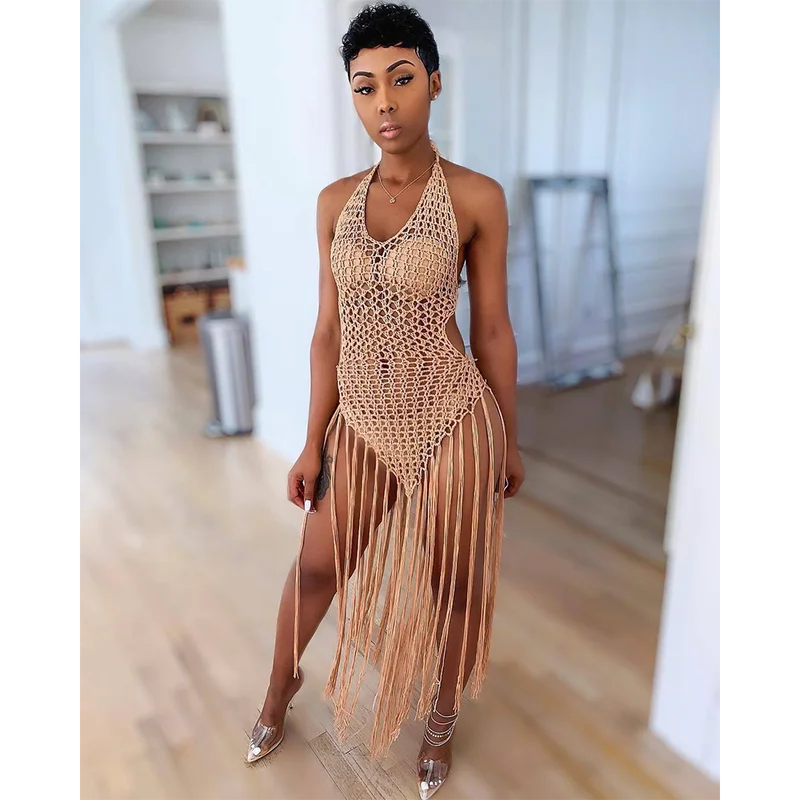 

Summer Fashion Knitted Dress Women Sexy Tassel Hollow Out Long Dresses Beach Party Club Dress Women's Clothing Outfit 2020