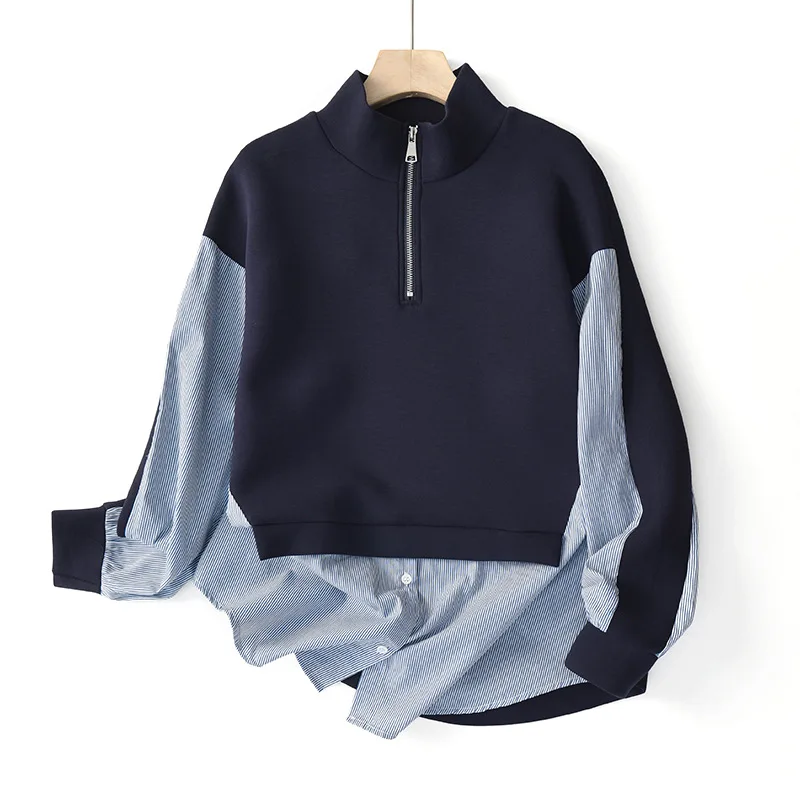 

2021 New Space Cotton Hoodies Women Patched Stripe False Two Pieces Loose Pullover Casual Tops Zipper Spring Sweatshirts