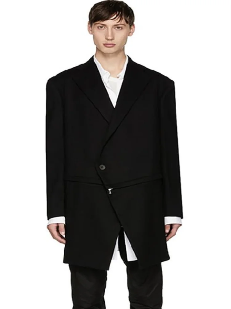 

Men's Casual Suit Jacket Autumn And Winter New Lapel Pure Color Irregular Single Button Design Loose Zipper Splicing Coat