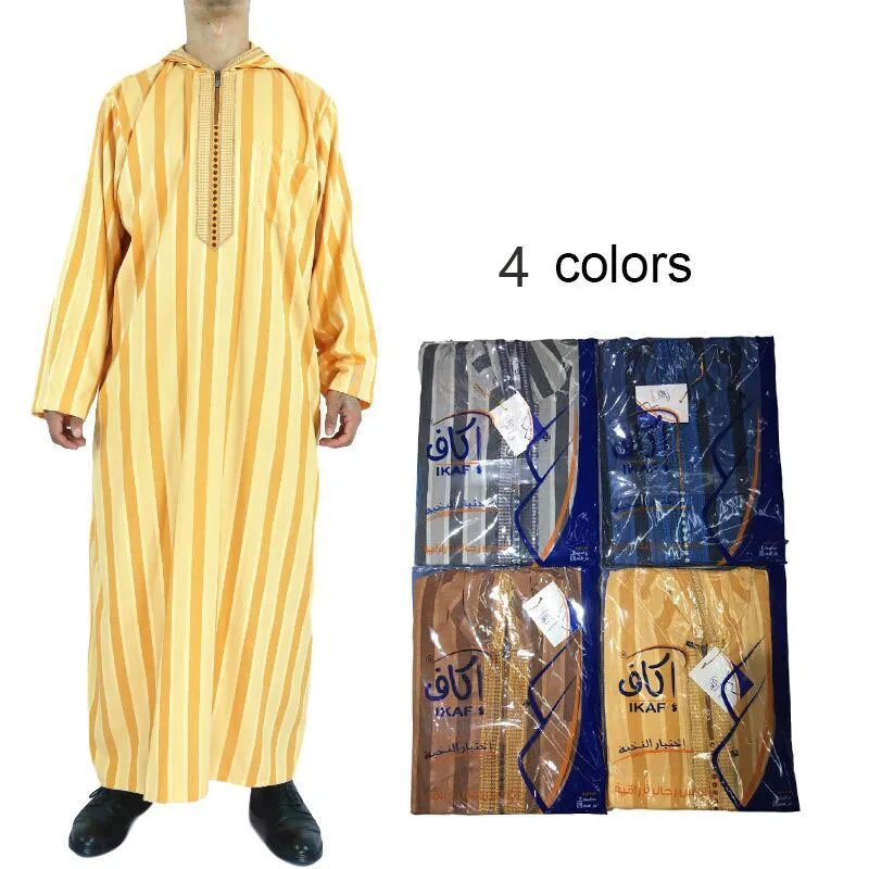 New Qatar Muslim Moroccan Long Sleeve Hooded Design Islamic Men's Cotton And Linen Stripe Robe Arabic Kaftan Men Worship Abaya