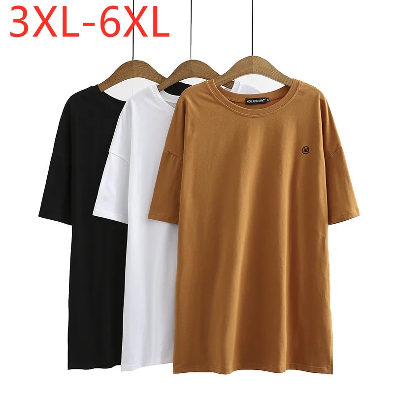 

New 2021 Ladies Summer Plus Size Tops For Women Large Short Sleeve Loose Cotton Brown White O-neck Long T-Shirt 3XL 4XL 5XL 6XL