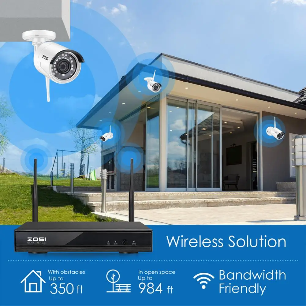 ZOSI Система видеонаблюдения H265 + 2Мп Wifi NVR на 8 каналов с 2/6 1080p наружными ИК камерами