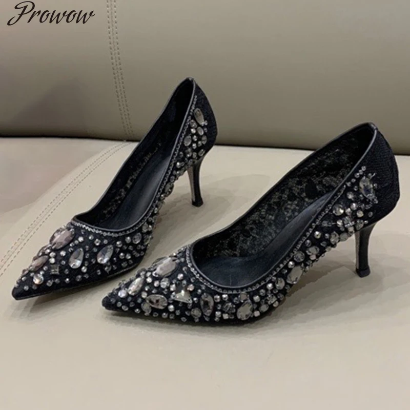 

Prowow Elegant Luxury Crystal Point Toe Pumps Brand Design High Heels Women Shoes New Fashion Slip-On Female Sandals