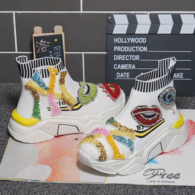 

Новинка весны 2021, стильная эластичная вязаная обувь стразы на толстой подошве, Брендовая обувь для тяжелой промышленности, повседневная же...