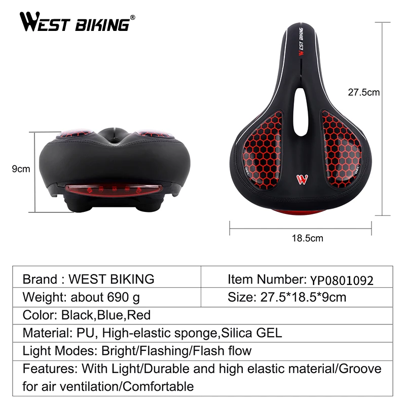 

WEST BIKING Bike MTB Saddle Seat with Cycling Taillight Thicken Wide Comfortable Bike Bicycle Saddles GEL Hollow Bicycle Saddle